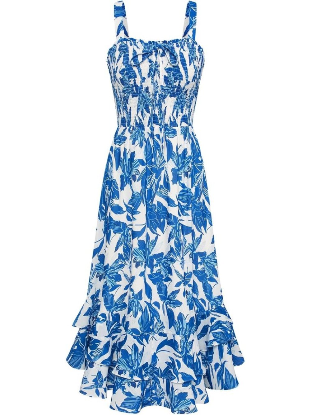 Women's Blue White Square Neck Strapped A LINE Floral Boho Long Maxi Dress
